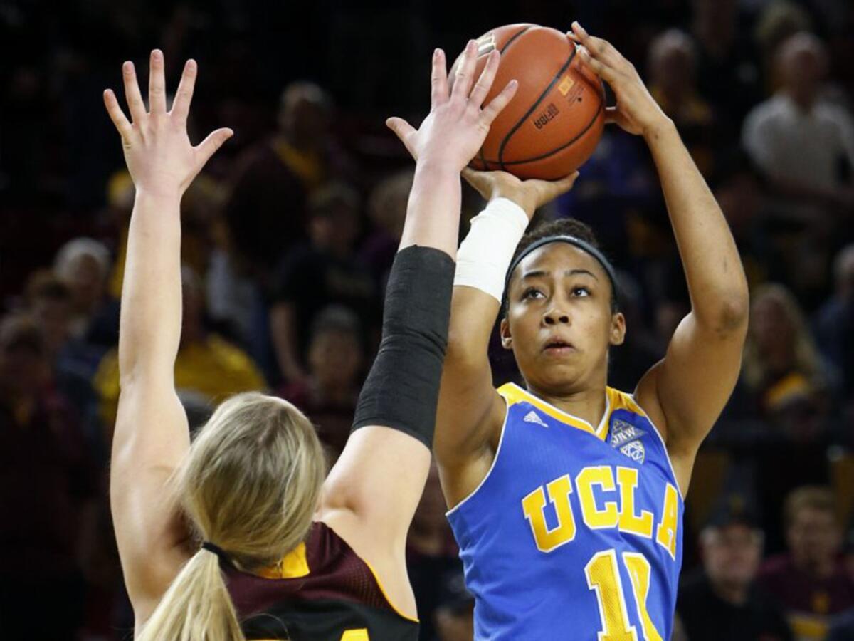 UCLA forward Kacy Swain (10) shoots over Arizona State forward Kelsey Moos during the second quarter of a game on Feb. 5.