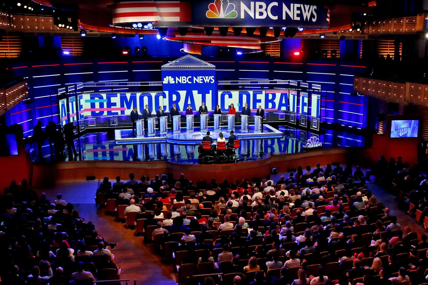 Ten Democratic presidential candidates at the start of the first Democratic primary debate for the 2020 presidential election, hosted by NBC News at the Adrienne Arsht Center for the Performing Arts in Miami on Wednesday.
