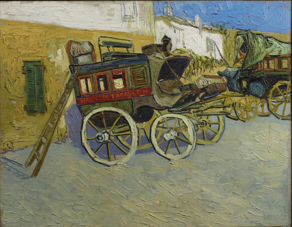 An oil painting of a stagecoach.