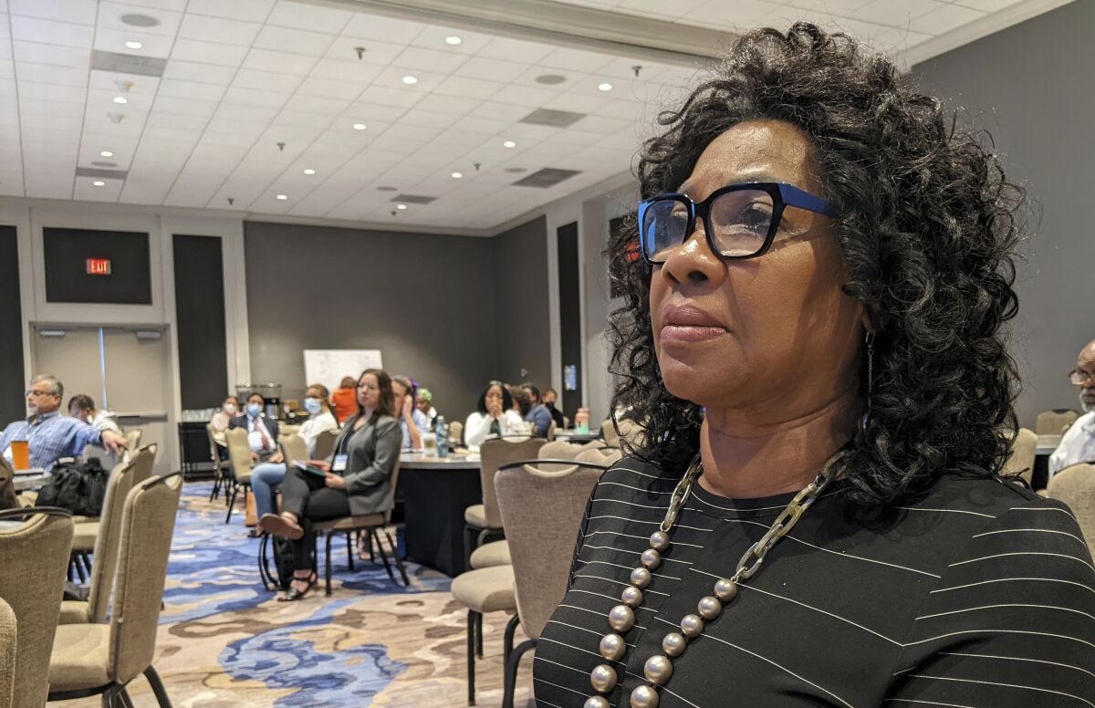Beverly Wright, a conference co-founder and member of the White House Environmental Justice Advisory Council, listens to a presentation at the HBCU Climate Change Conference in New Orleans, Friday, April 15, 2022. (AP Photo/Drew Costley)