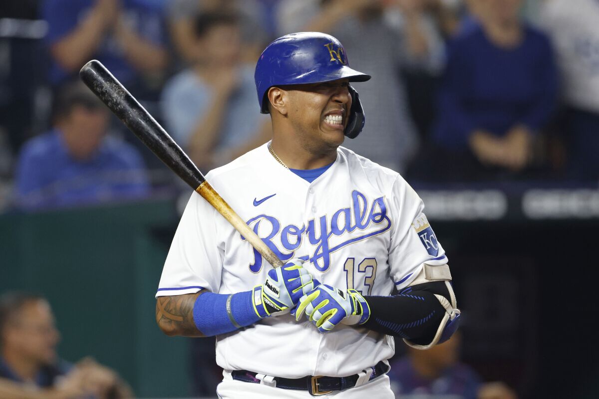 Kansas City Royals' Salvador Perez reacts after striking out in the fifth inning of a baseball game against the Minnesota Twins in Kansas City, Mo., Friday, Oct. 1, 2021. (AP Photo/Colin E. Braley)