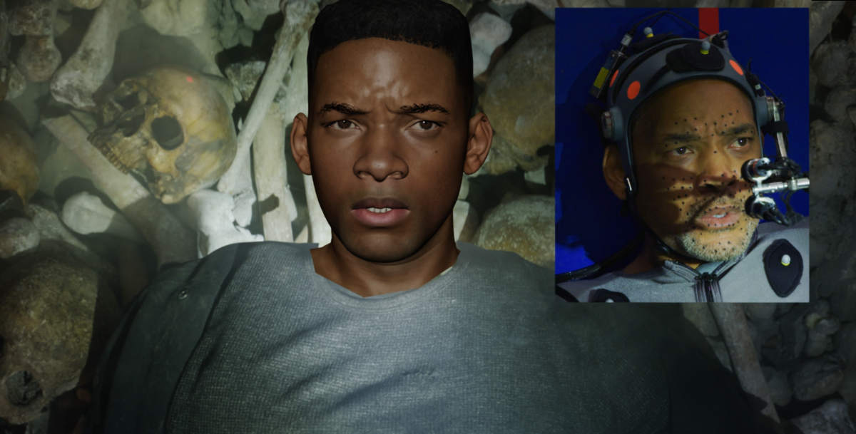 Comparison of Will Smith in motion-capture gear (inset) to the digital version in "Gemini Man."