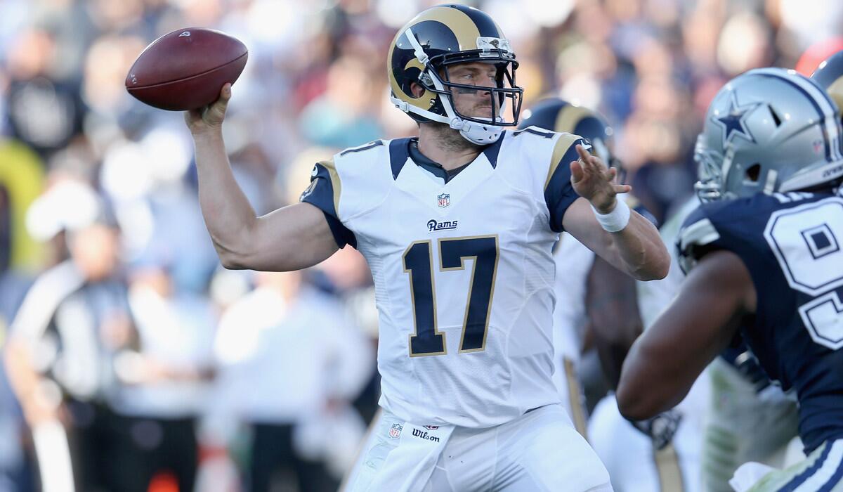 Quarterback Case Keenum targets a receiver during the Rams' preseason game against the Dallas Cowboys at the Coliseum on Aug. 13.