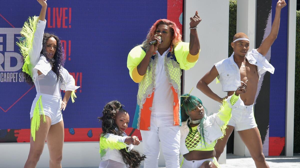 Big Freedia, center, performs onstage at the pre-show for the 2018 BET Awards at Microsoft Theater in Los Angeles.