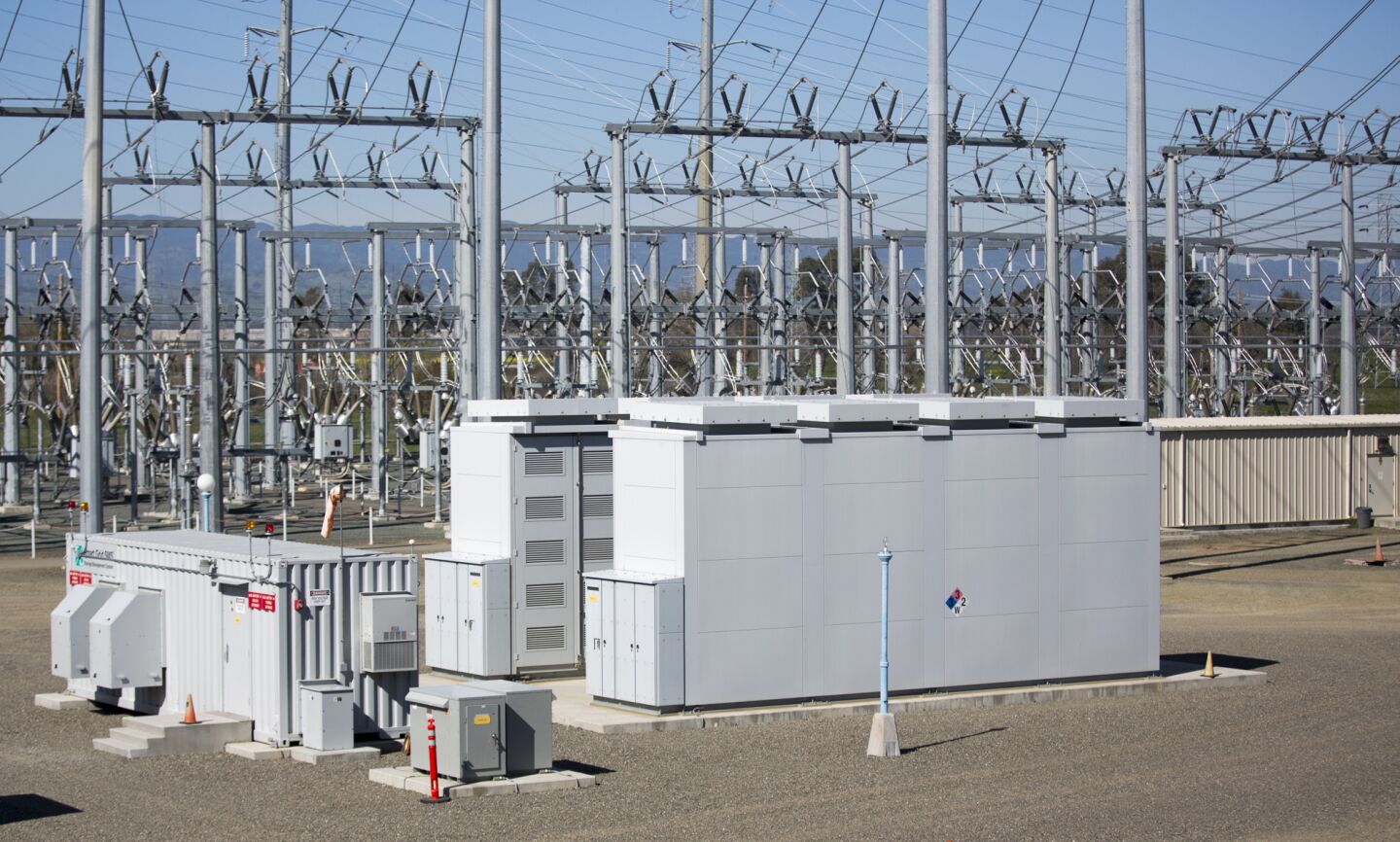 Experimental batteries are being tested as a means of storing and integrating renewable energy into California's power grid at the Vaca-Dixon PG&E substation in Vacaville, Calif.