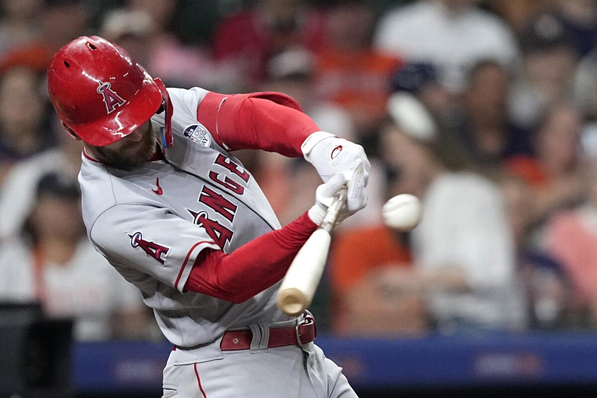 The Angels' Taylor Ward hits an RBI single against the Astros during the eighth inning June 2, 2023, in Houston. 