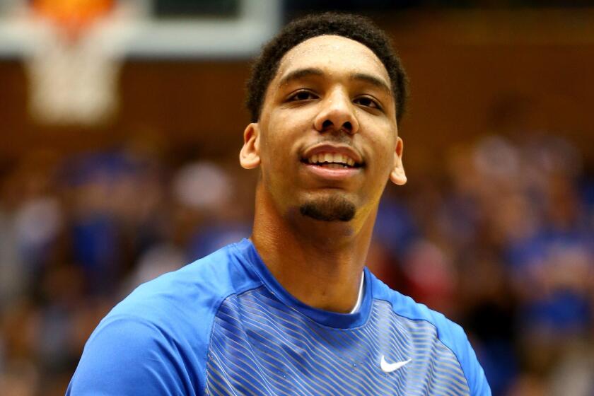 Duke's Jahlil Okafor warms up before a game against Pittsburgh on Jan. 19, 2015.
