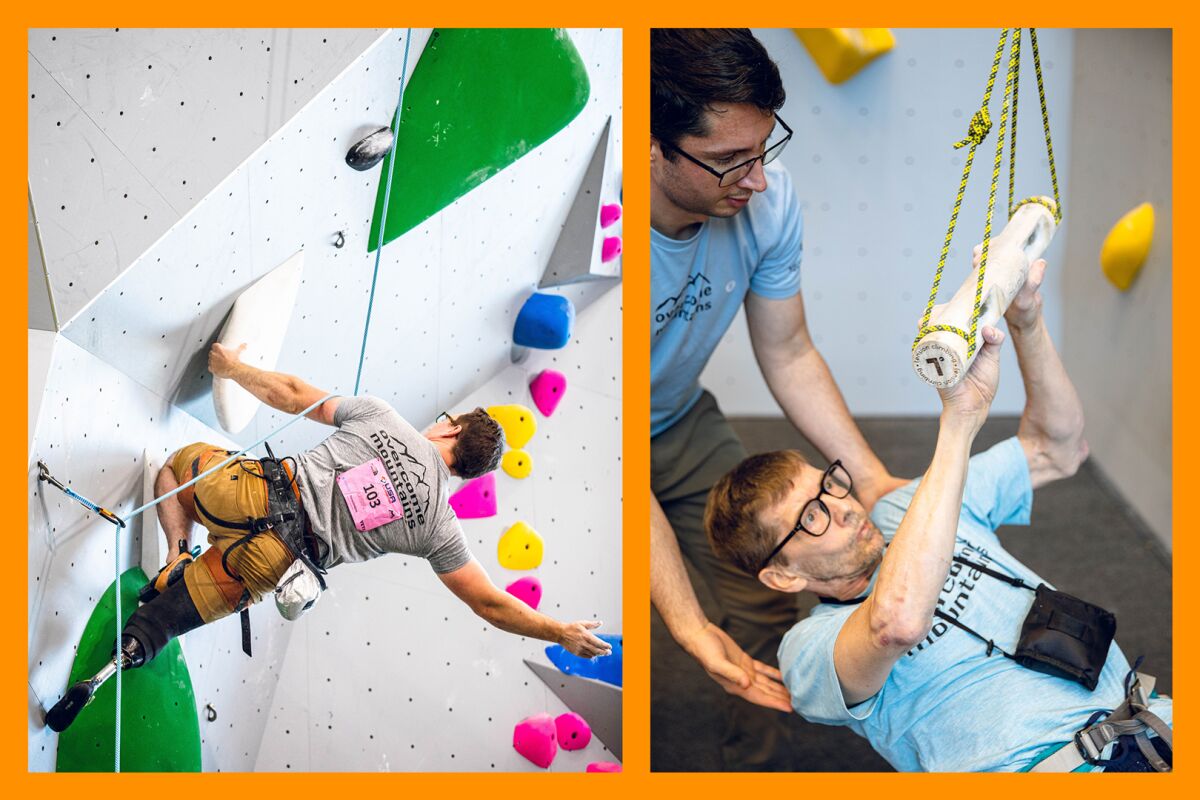 A person climbs a rock wall, left; a person gets assistance raising up with a pull-up bar