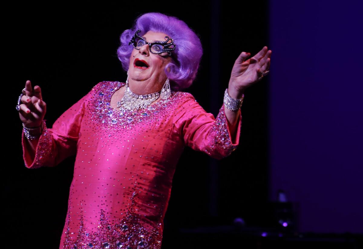 Barry Humphries took the stage as Dame Edna in his farewell tour at the Ahmanson Theater on Tuesday evening.