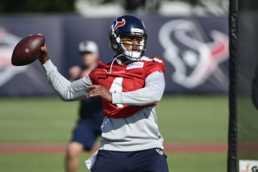 Houston Texans quarterback Deshaun Watson (4) throws the ball during NFL football practice.