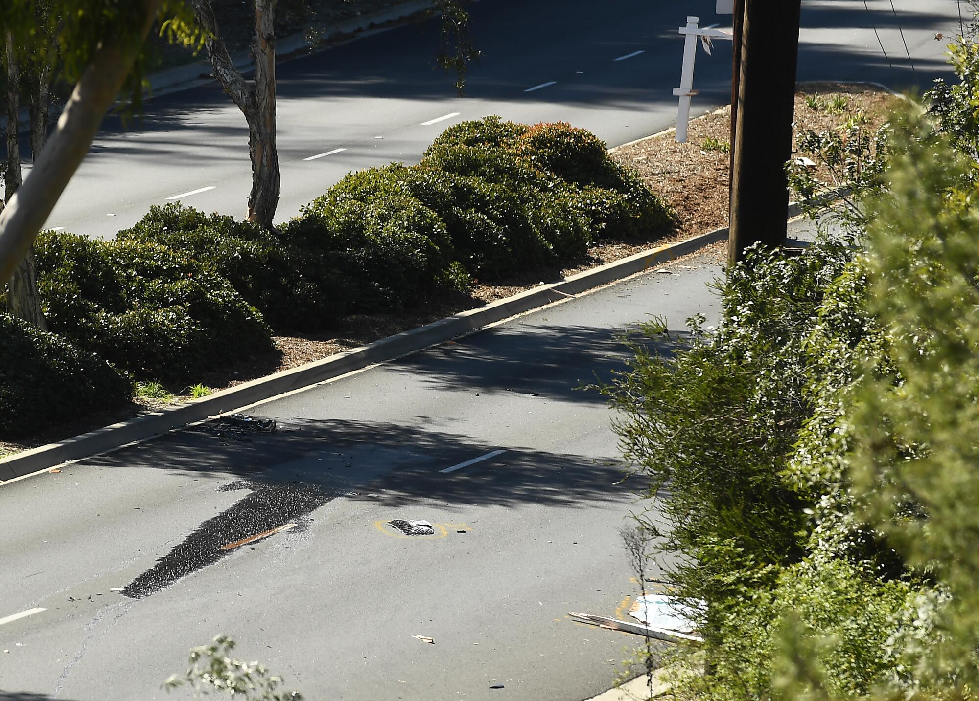 The point of impact of an accident involving golfer Tiger Woods along Hawthorne Blvd. in Ranch Palos Verdes Tuesday.