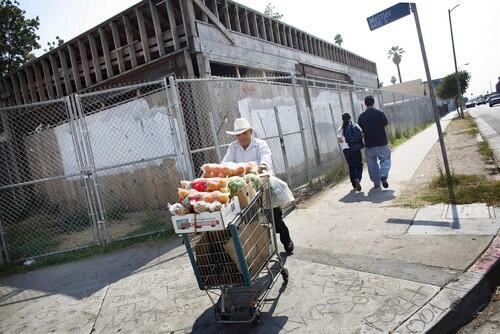 A fruit seller passes by a former store on Vernon Avenue in South Los Angeles. Social Compact, a nonprofit organization based in Washington, studied nine neighborhoods in South and East L.A. These communities have long gotten by without many big grocery stores or major retail chains, forcing residents to travel far for basic goods.