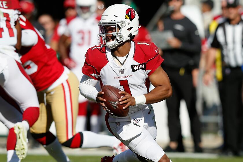SANTA CLARA, CALIFORNIA - NOVEMBER 17: Quarterback Kyler Murray #1 of the Arizona Cardinals drops back to pass during the first half of the NFL game against the San Francisco 49ers at Levi's Stadium on November 17, 2019 in Santa Clara, California. (Photo by Lachlan Cunningham/Getty Images)