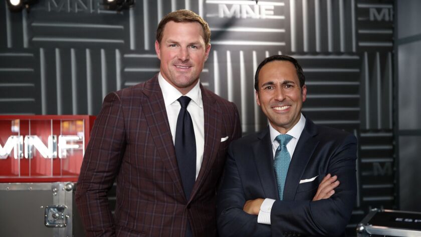Former NFL player Jason Witten, left, and play-by-play commentator Joe Tessitore are now part of the "MNF" franchise.