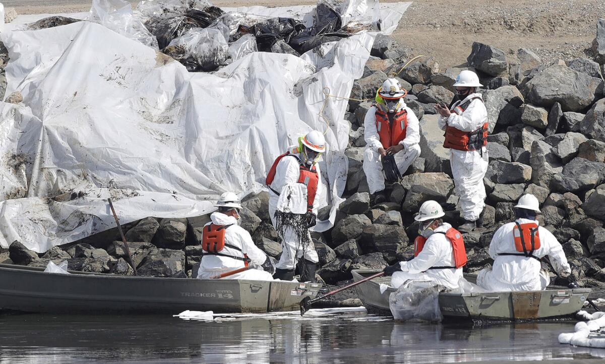 Members of a clean-up crew collect debris covered in crude oil that spread from an offshore spill into the Talbert Marsh.