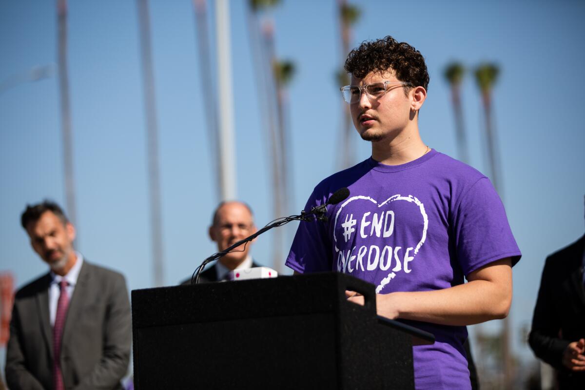Francisco Platt, who has been drug free for two years, speaks of his experience with addiction during a press conference.