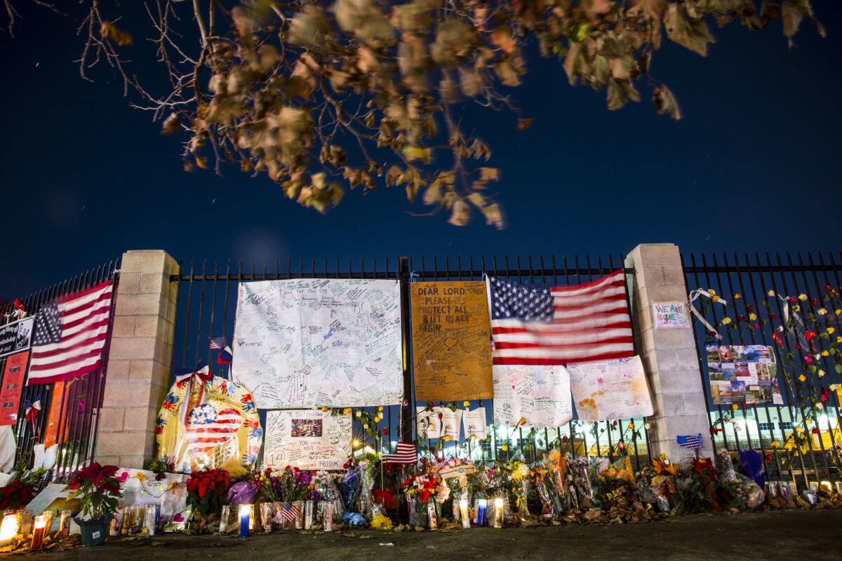 A makeshift memorial sprang up after the the Dec. 2, 2015, terror attack. San Bernardino County officials are formulating plans for a permanent monument to the victims.