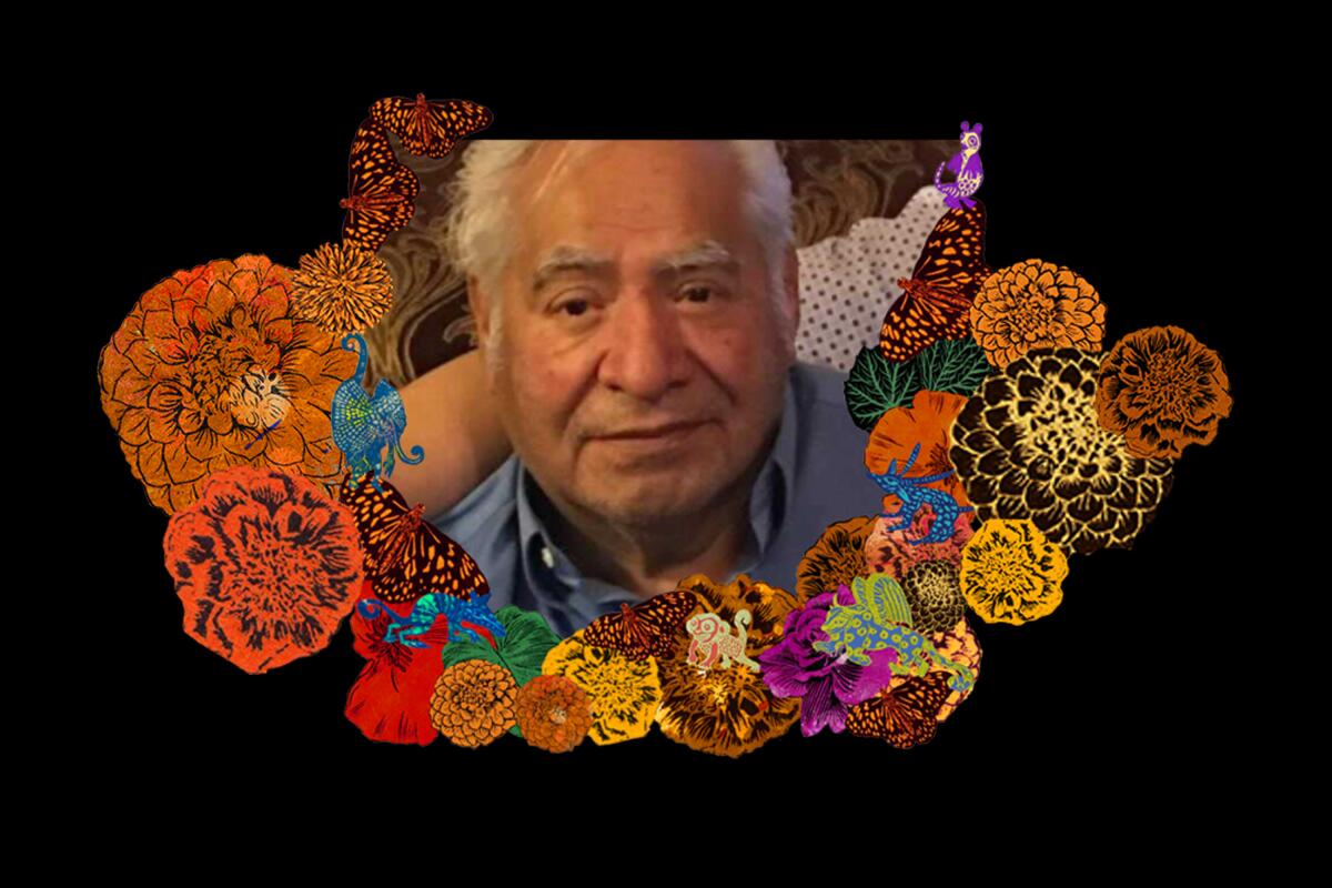 A photo of a man surrounded by illustrations of marigolds and alebrijes. 