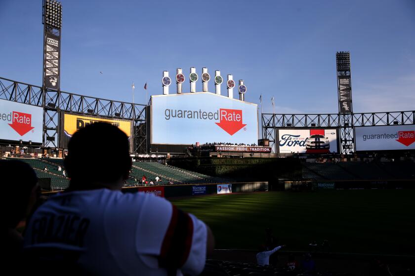 The Guaranteed Rate logo is shown on the video board at U.S. Cellular Field in Chicago before a game between the White Sox and Phillies on Aug. 24, 2016.