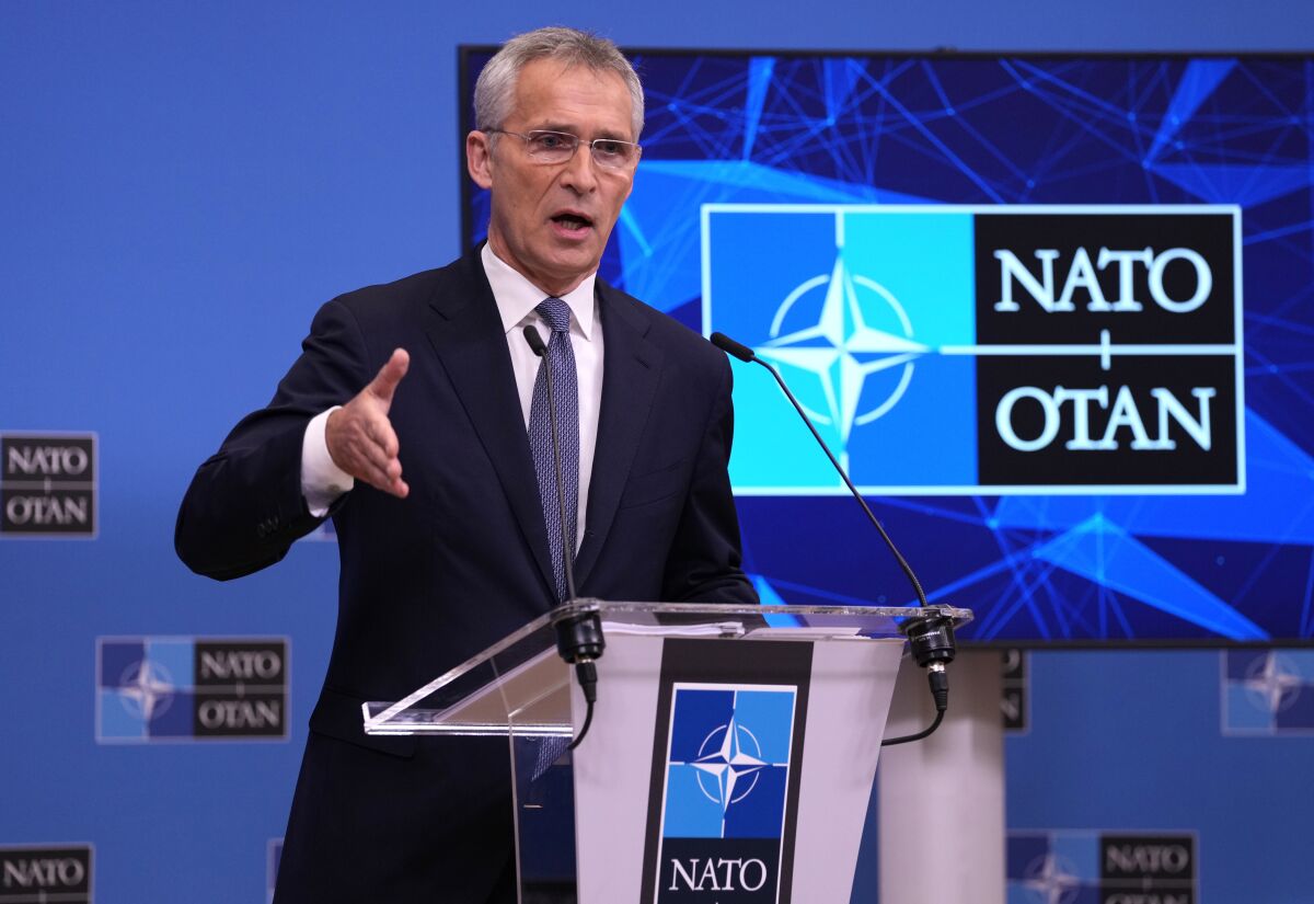 FILE - NATO Secretary General Jens Stoltenberg speaks during a media conference at NATO headquarters in Brussels, Wednesday, Oct. 20, 2021. NATO Secretary-General Jens Stoltenberg urged Russia on Monday Nov. 15, 2021, to be more transparent about its military activities near Ukraine but he stopped short of suggesting that Moscow might be preparing to invade its former Soviet neighbor. (AP Photo/Virginia Mayo, File)