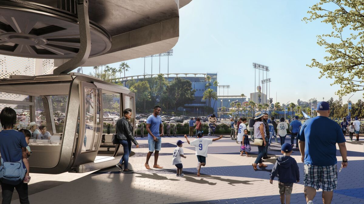 Artist rendering of the Dodger Stadium landing site of a proposed gondola project
