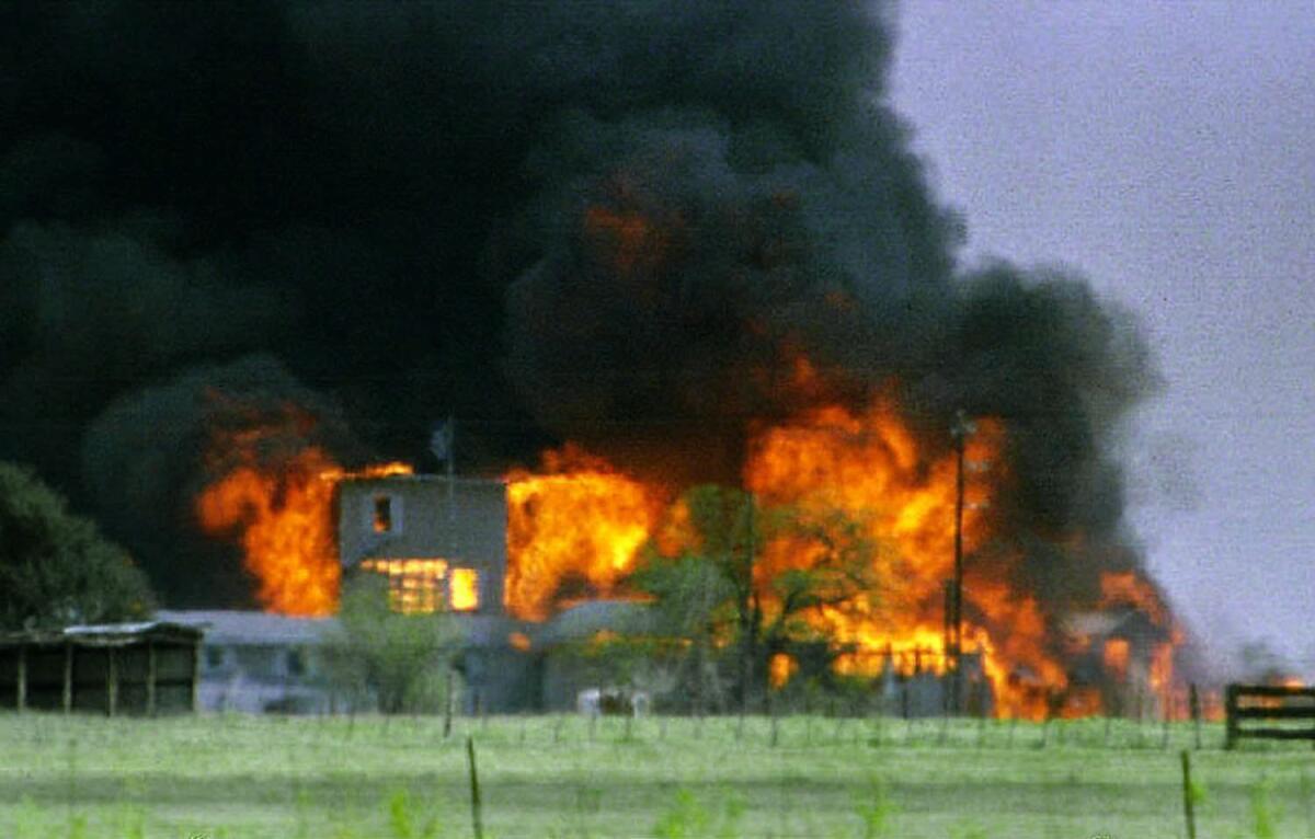 This April 18, 1993, photo shows the Branch Davidian compound near Waco, Texas, in flames.