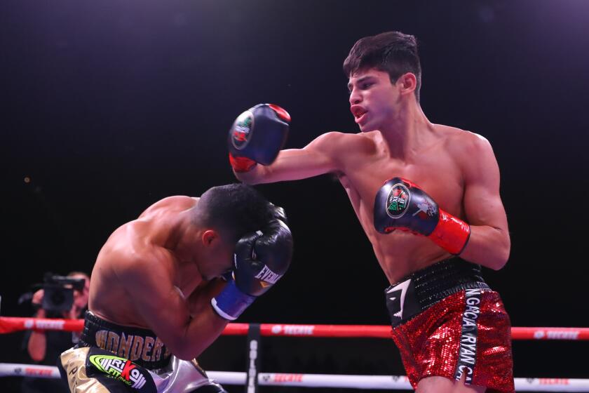 INDIO, CA - MARCH 30: Ryan Garcia throwing a left hook on Jose Lopez on March 30, 2019 at Fantasy Springs Casino in Indio, CA (Photo by Tom Hogan/Golden Boy/Getty Images)