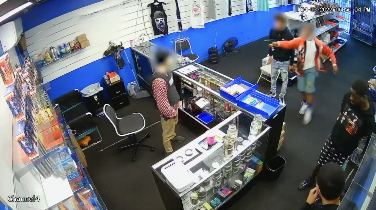 Surveillance footage of attempted armed robbery at a Compton smoke shop