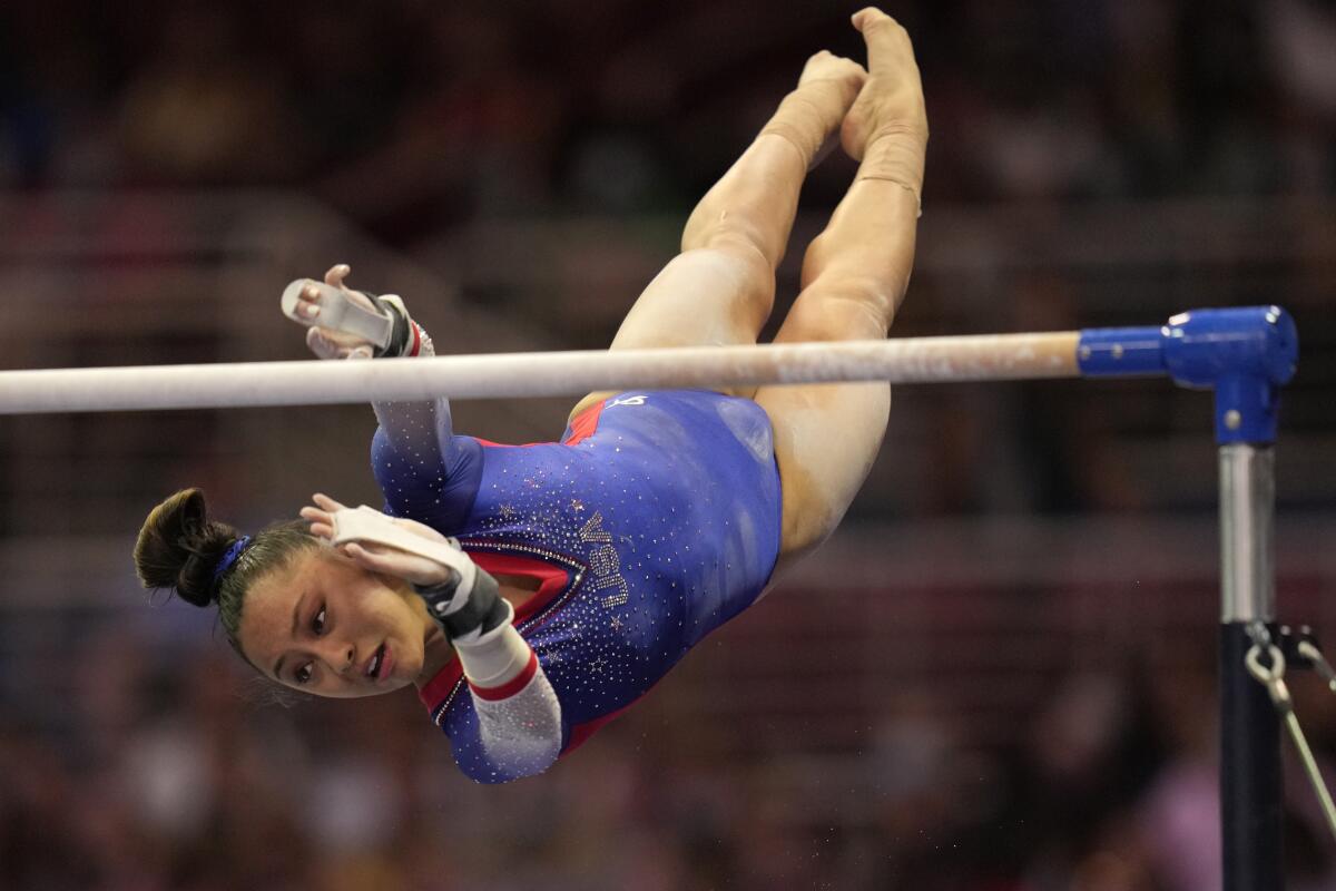 Emma Malabuyo competes on the uneven bars during the women's U.S. Olympic gymnastics trials in June 2021.