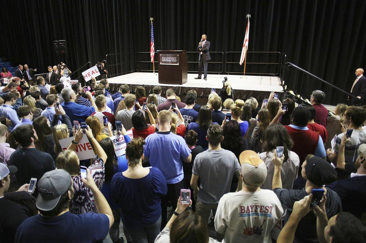 Republican presidential candidate Ben Carson speaks during a campaign stop in Mobile, Ala. on Thursday, Nov. 19.