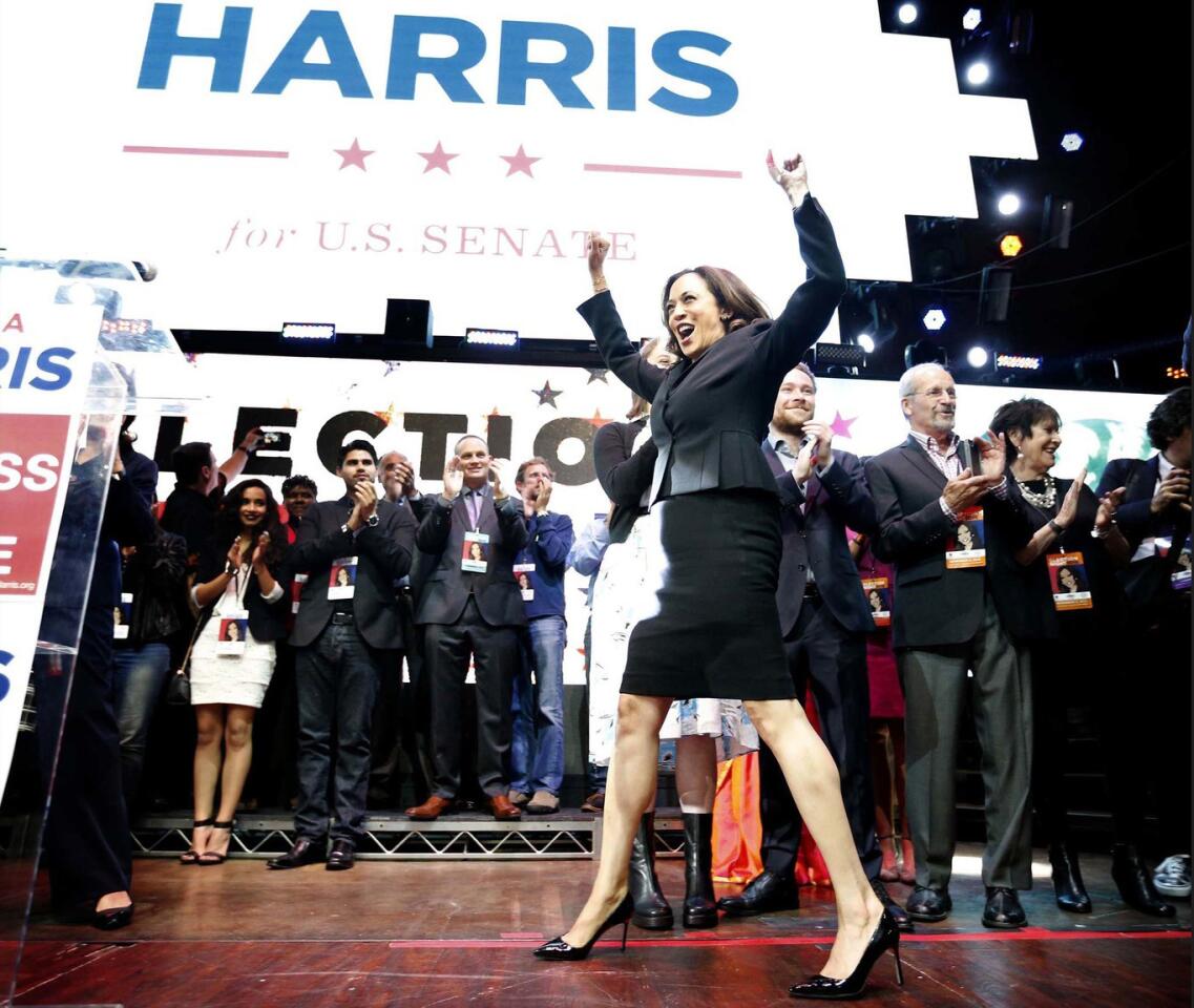 Kamala Harris takes the stage at her election night party after winning a Senate seat on Nov. 8, 2016.
