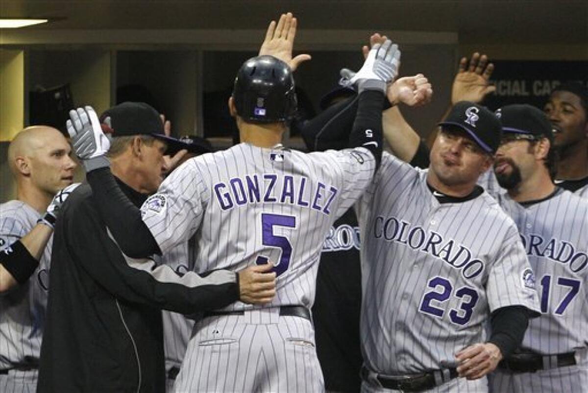 Colorado Rockies' Carlos Gonzalez is congratulated by teammates