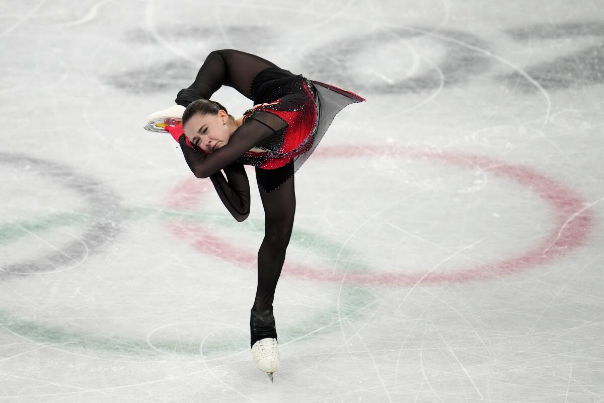 FILE - Kamila Valieva, of the Russian Olympic Committee, competes in the women's free skate program during the figure skating competition at the 2022 Winter Olympics, on Feb. 17, 2022, in Beijing. he World Anti-Doping Agency says a Russian tribunal has found figure skater Kamila Valieva bore “no fault or negligence” in a doping case that rocked last year’s Winter Olympics. (AP Photo/Natacha Pisarenko, File)