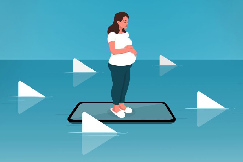 Illustration of a pregnant woman standing on a phone in the sea. Play buttons circle her like shark fins.