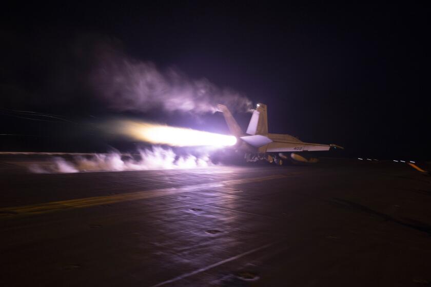 This image provided by the U.S. Navy shows an aircraft launching from USS Dwight D. Eisenhower (CVN 69) during flight operations in the Red Sea, Jan. 22, 2024. (Kaitlin Watt/U.S. Navy via AP)