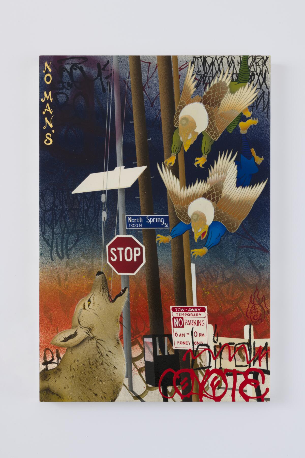Gajin Fujita's work "No Mans LAnd" feature a howling coyote, a stop sign and graffiti