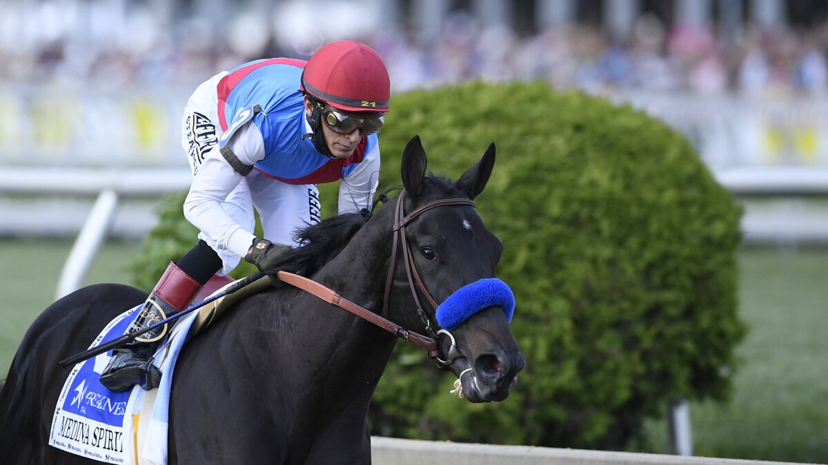 Medina Spirit, with jockey John Velazquez, competes in the Preakness Stakes.