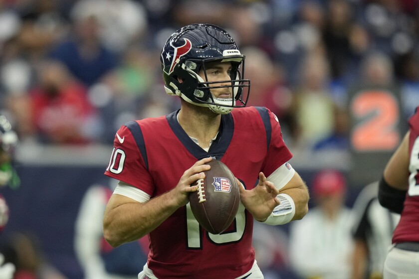 Houston Texans quarterback Davis Mills (10) throws against the Indianapolis Colts during the second half of an NFL football game, Sunday, Dec. 5, 2021, in Houston. (AP Photo/Eric Christian Smith)