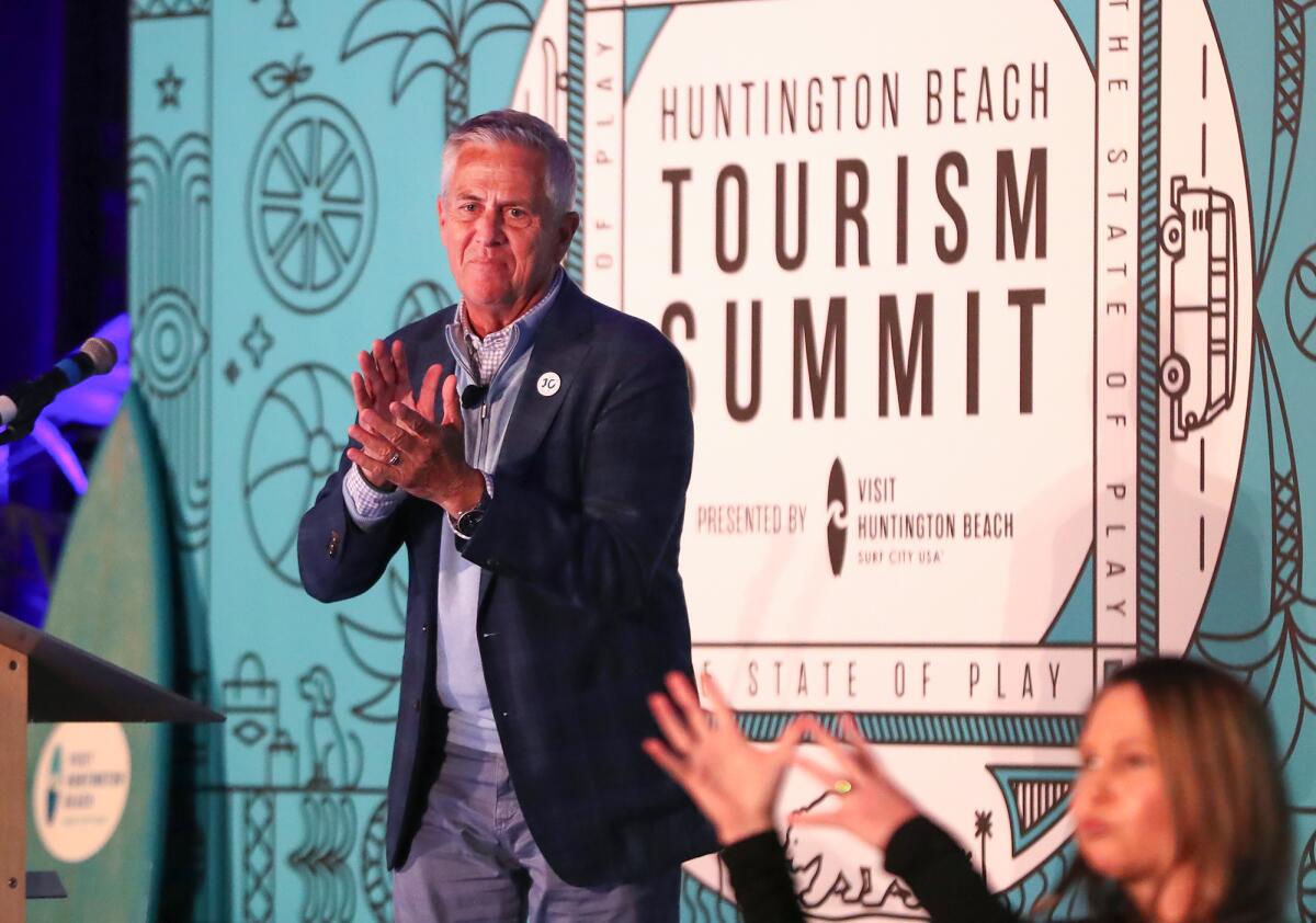 Kelly Miller, Visit Huntington Beach president and chief executive, opens the tourism summit.