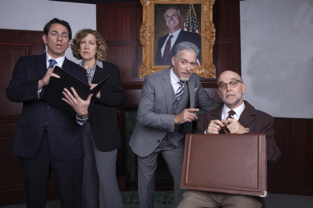 Christopher M. Williams, Shana Wride, Louis Lotorto and John Seibert (from left) in North Coast Rep’s “The Outsider.”