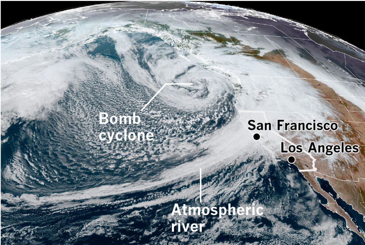 Satellite view of bomb cyclone and atmospheric river