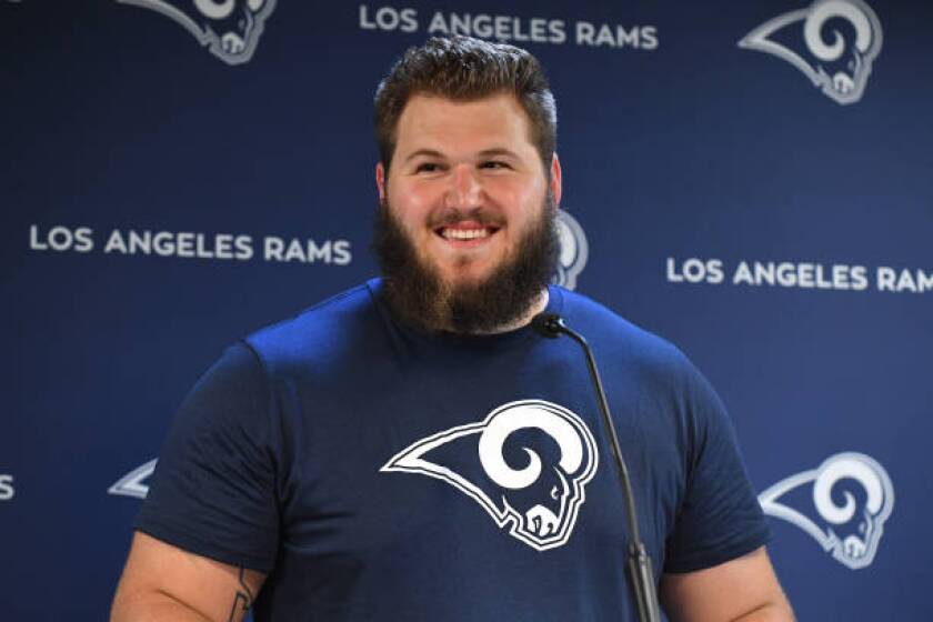 THOUSAND OAKS, CA - MAY 14: Defensive Tackle Greg Gaines #91 of the Los Angeles Rams answers questions from the media on May 14, 2019 in Thousand Oaks, California. (Photo by Jayne Kamin-Oncea/Getty Images)
