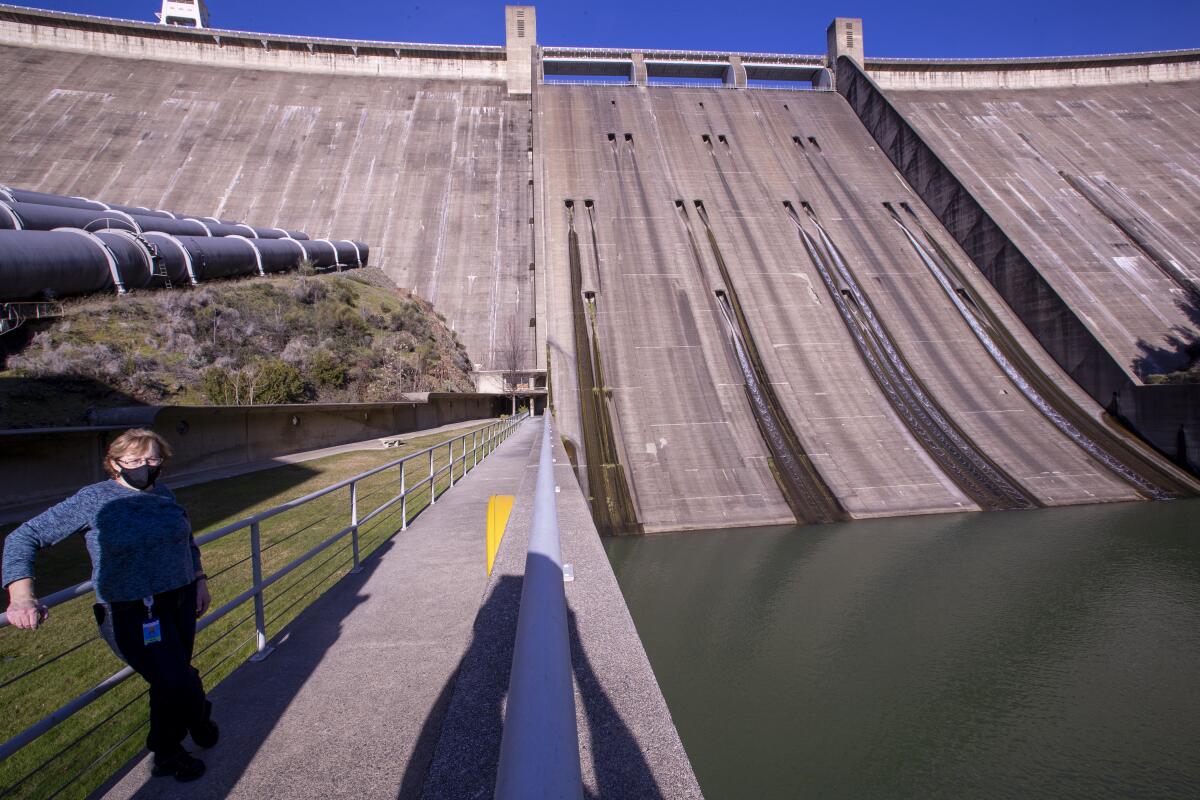 A person stands near Shasta Dam.
