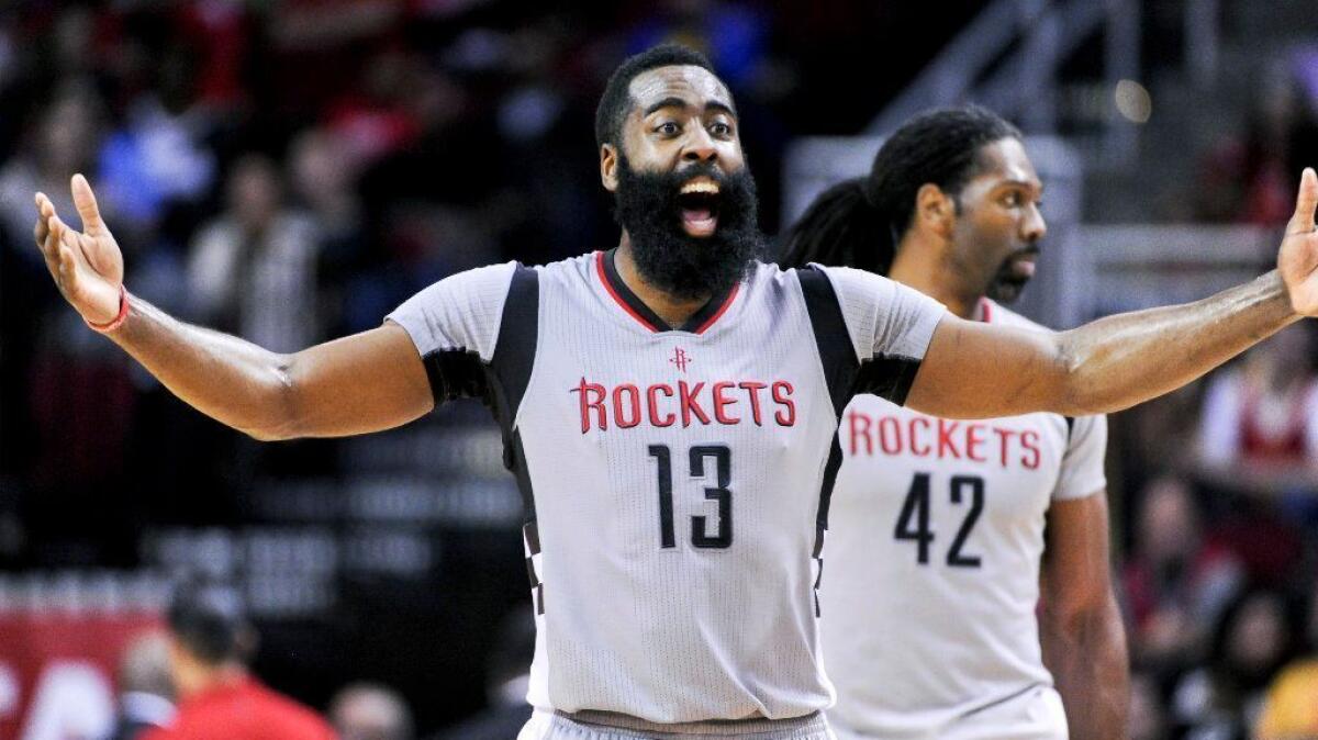 Rockets guard James Harden reacts to a foul call during the second half of a game against the Grizzlies in Houston on Jan. 13.