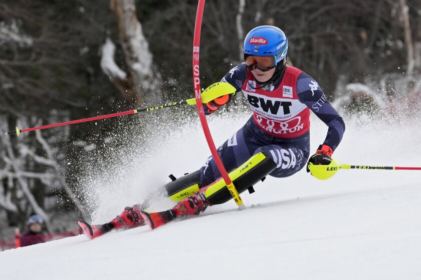 United States' Mikaela Shiffrin competes during a women's World Cup slalom skiing race Sunday, Nov. 27, 2022, in Killington, Vt. (AP Photo/Robert F. Bukaty)
