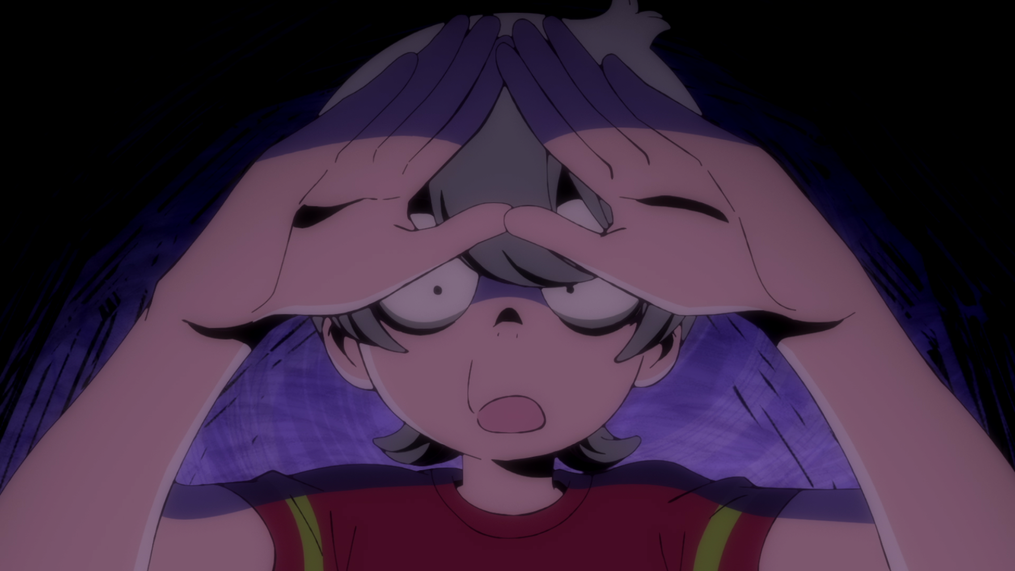 A animated still of a boy with his hands shaped in a triangle near his forehead.