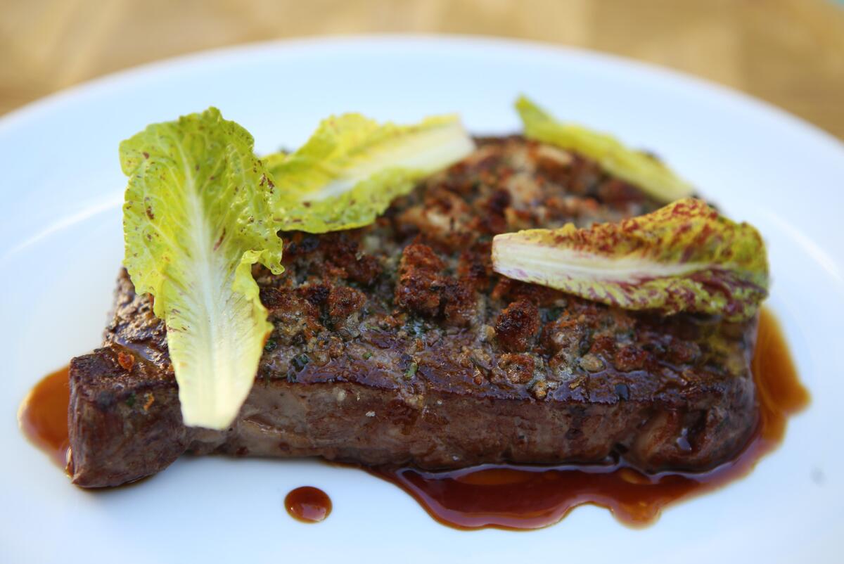 A grilled 12-ounce Piedmontese rib-eye steak is on the menu at Viviane restaurant, in the Avalon Hotel in Beverly Hills. Viviane features dishes by award-winning chef Michael Hung.