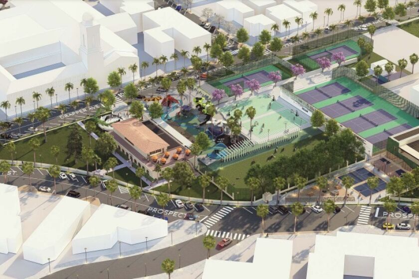 A rendering presented to the La Jolla Community Planning Association of the renovated Rec Center with the vacated Cuvier Street.