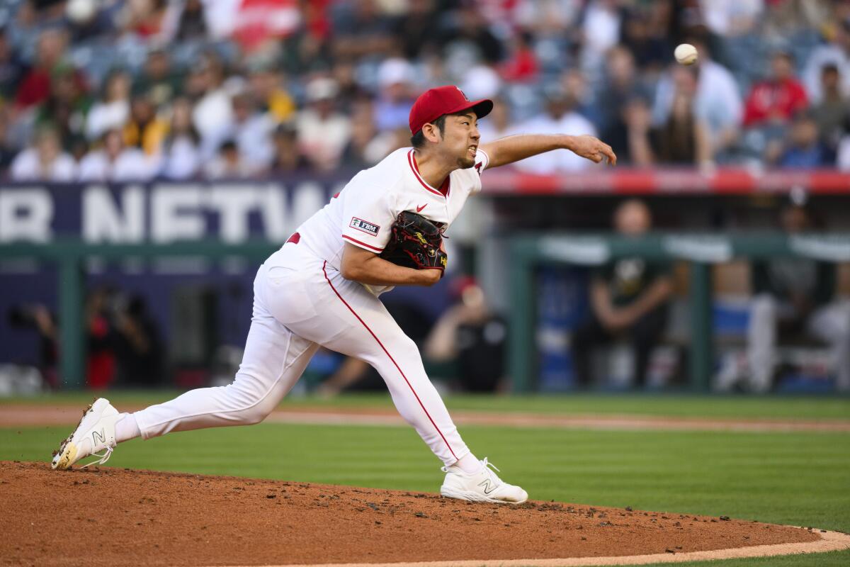 Angels pitcher Yusei Kikuchi delivers during the second inning of a 7-4 victory over the Athletics.
