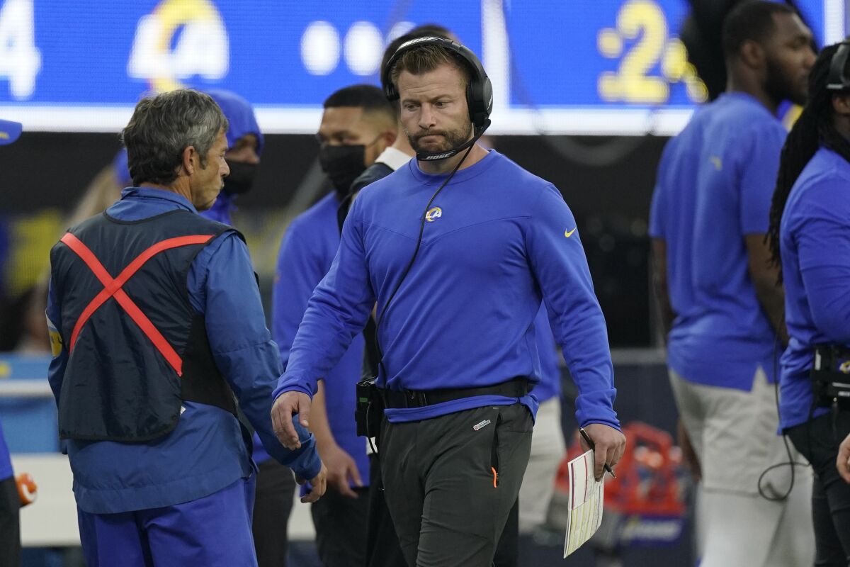 Rams coach Sean McVay reacts after losing to the 49ers in overtime last weekend.